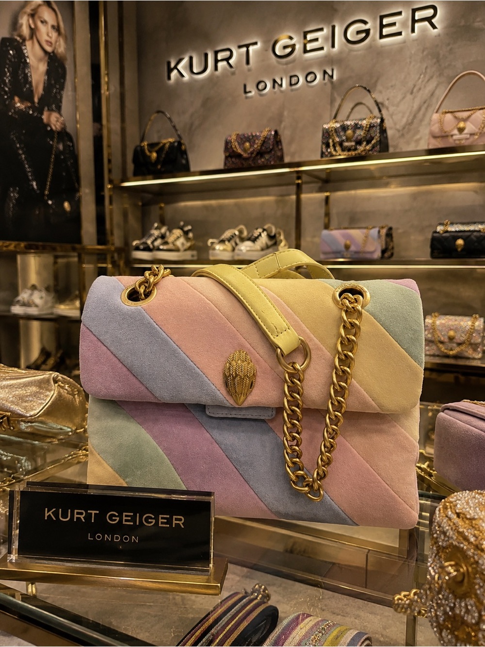 Kurt Geiger London Suede Pastel Rainbow Striped Kensington Large Bag. EUC